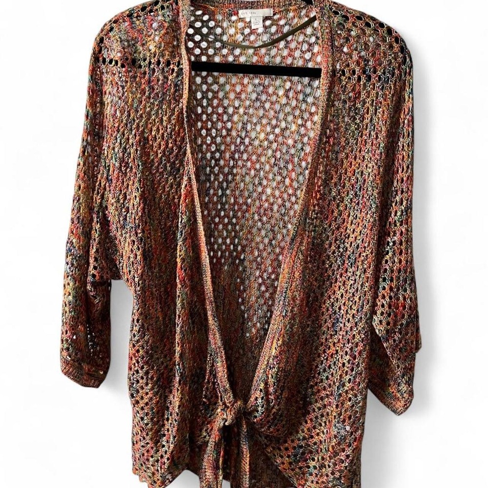 Multi-Colored Tie-Front Crochet Cardigan 3/4 Bell Sleeves Women's Lg Boho Granny